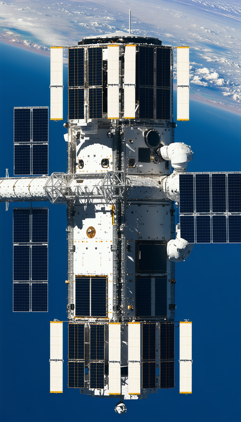 A Large Space Station Is Shown In The Image, With A Blue Sky In The Background