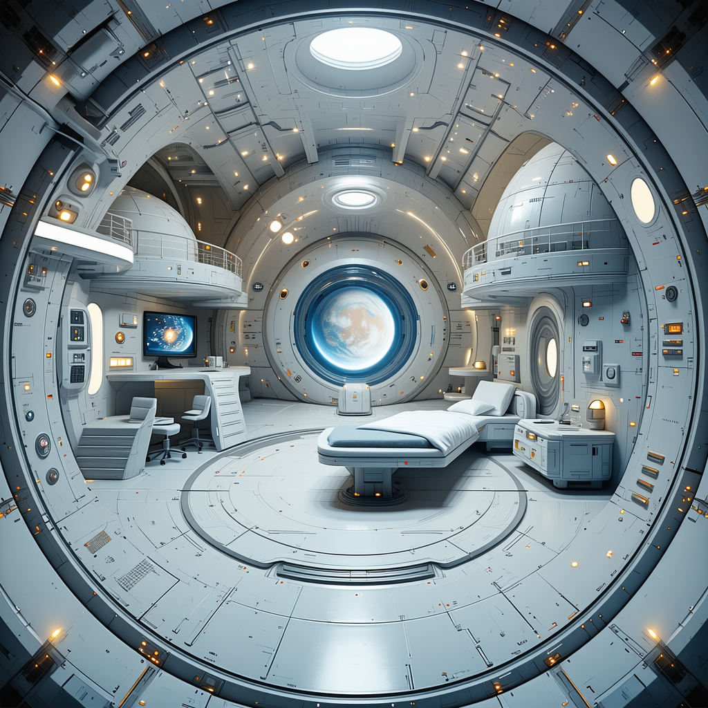 In This Futuristic Space Station, There Is A Large Circular Room With A Bed In The Middle