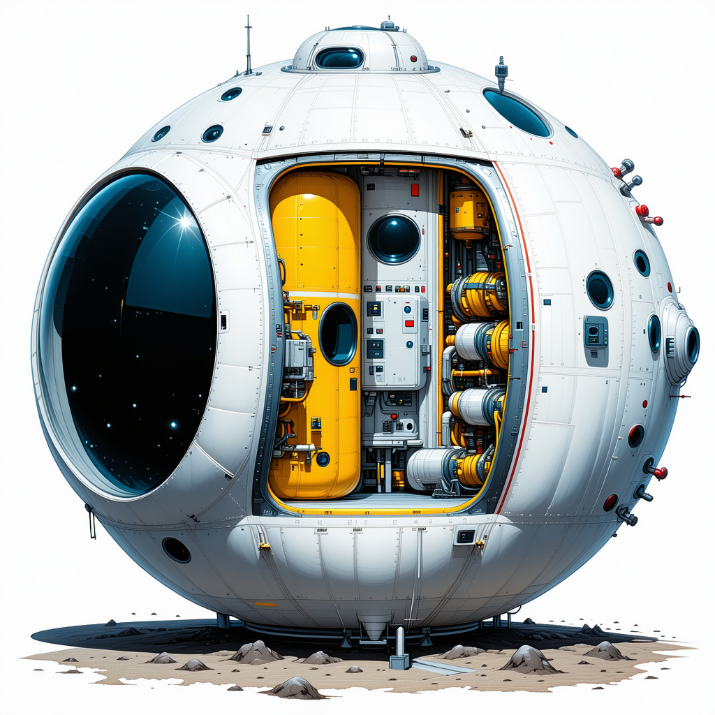The Image Is A Futuristic Drawing Of A Large White Spacecraft With A Round Shape