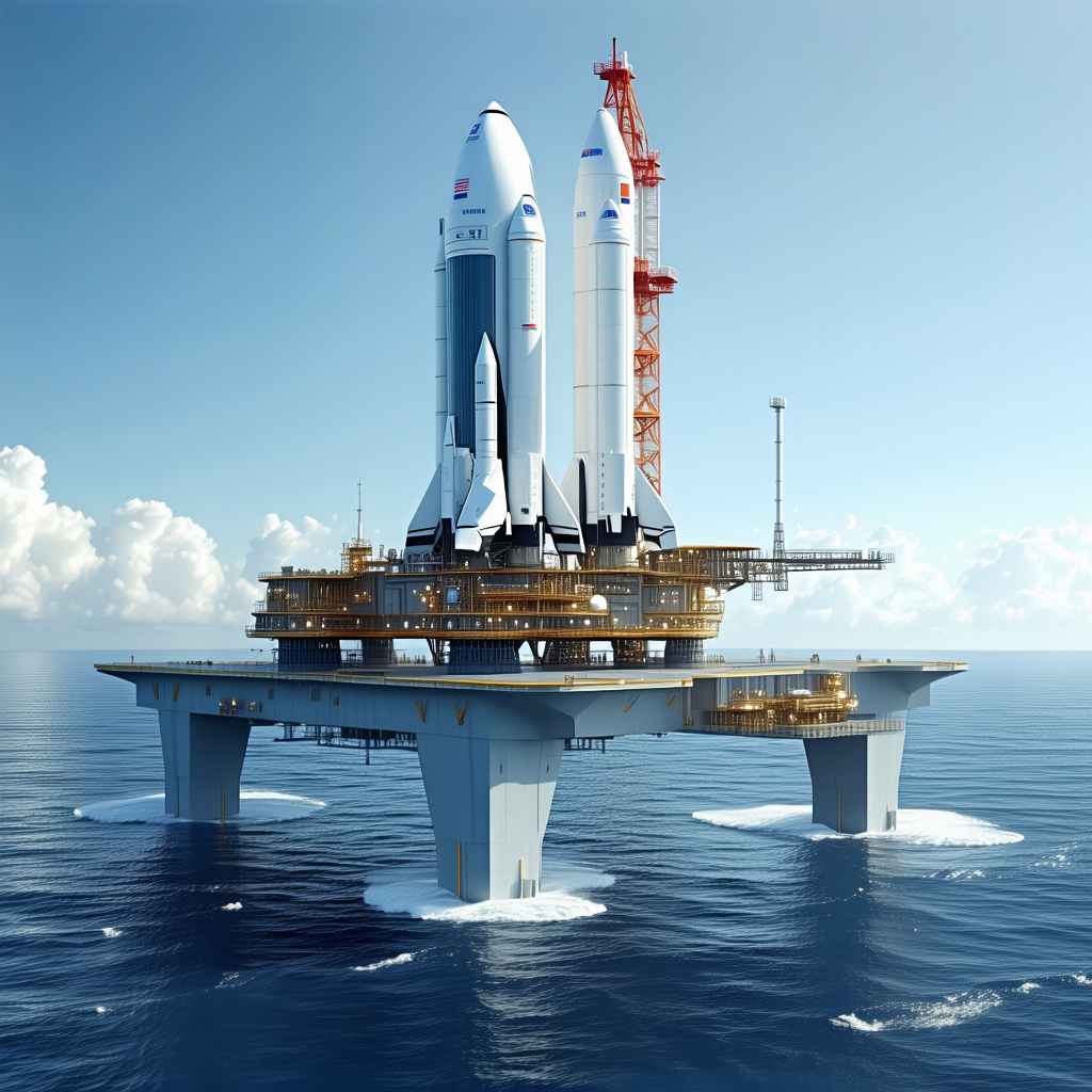 A Large Space Shuttle Docked On A Floating Platform In The Ocean