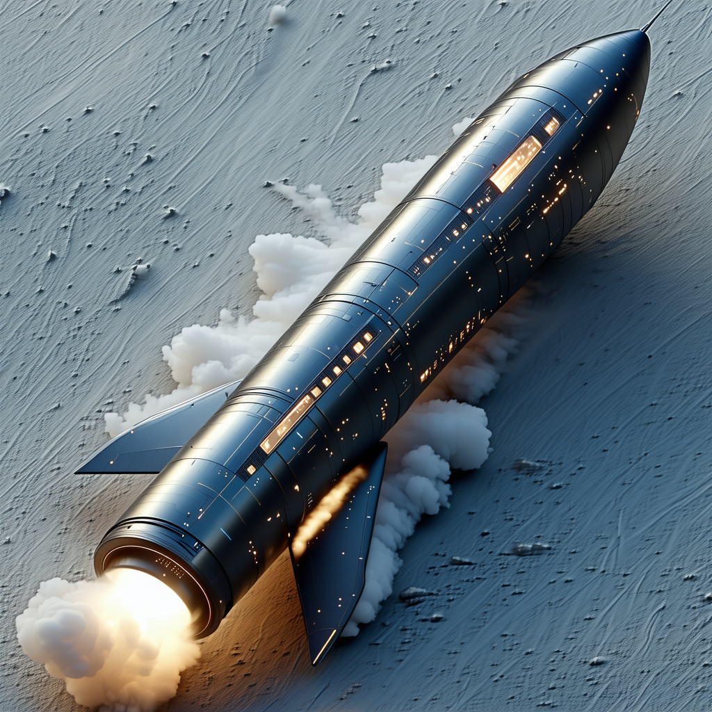 A Rocket Ship On A Snowy Surface, With Smoke Billowing From Its Rear