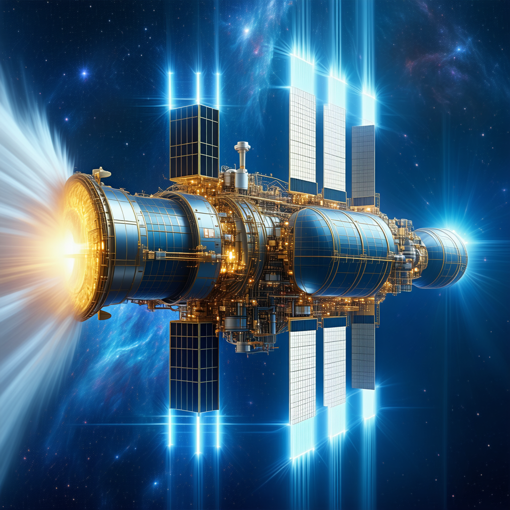 In The Image, There Is A Large Spacecraft With A Blue And Gold Color Scheme