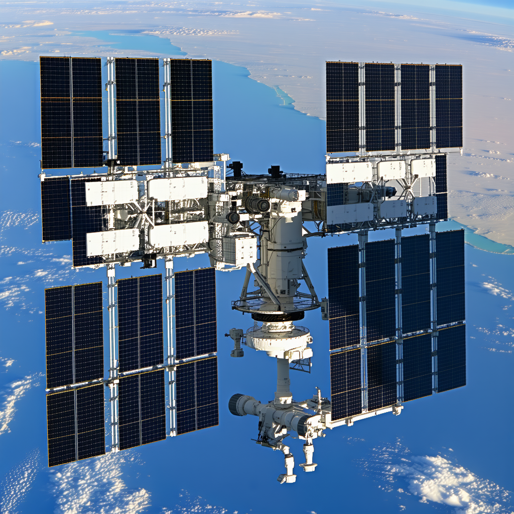 A Large Space Station With A White And Blue Color Scheme