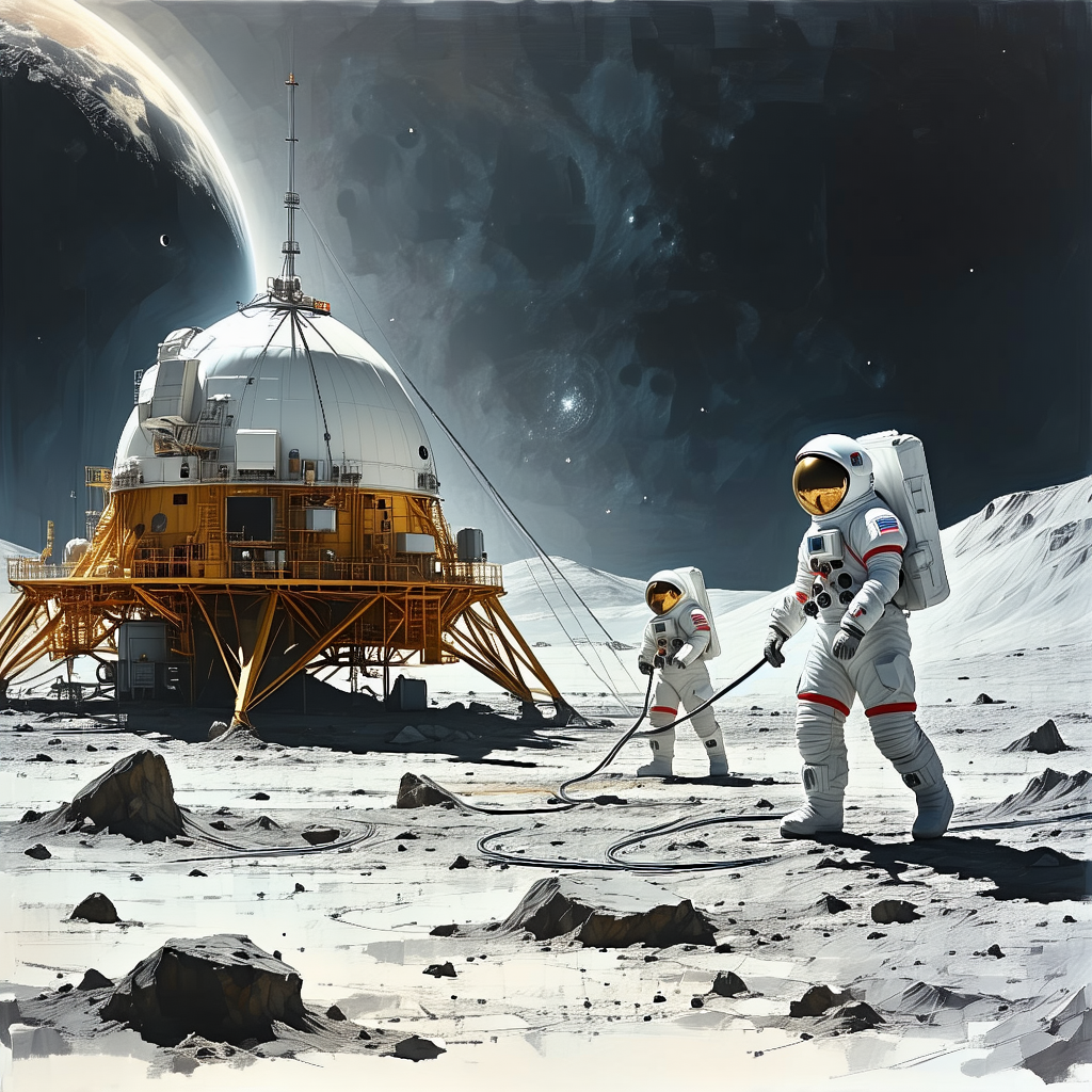 In The Image, There Are Two Astronauts Standing On The Moon, Wearing White Suits