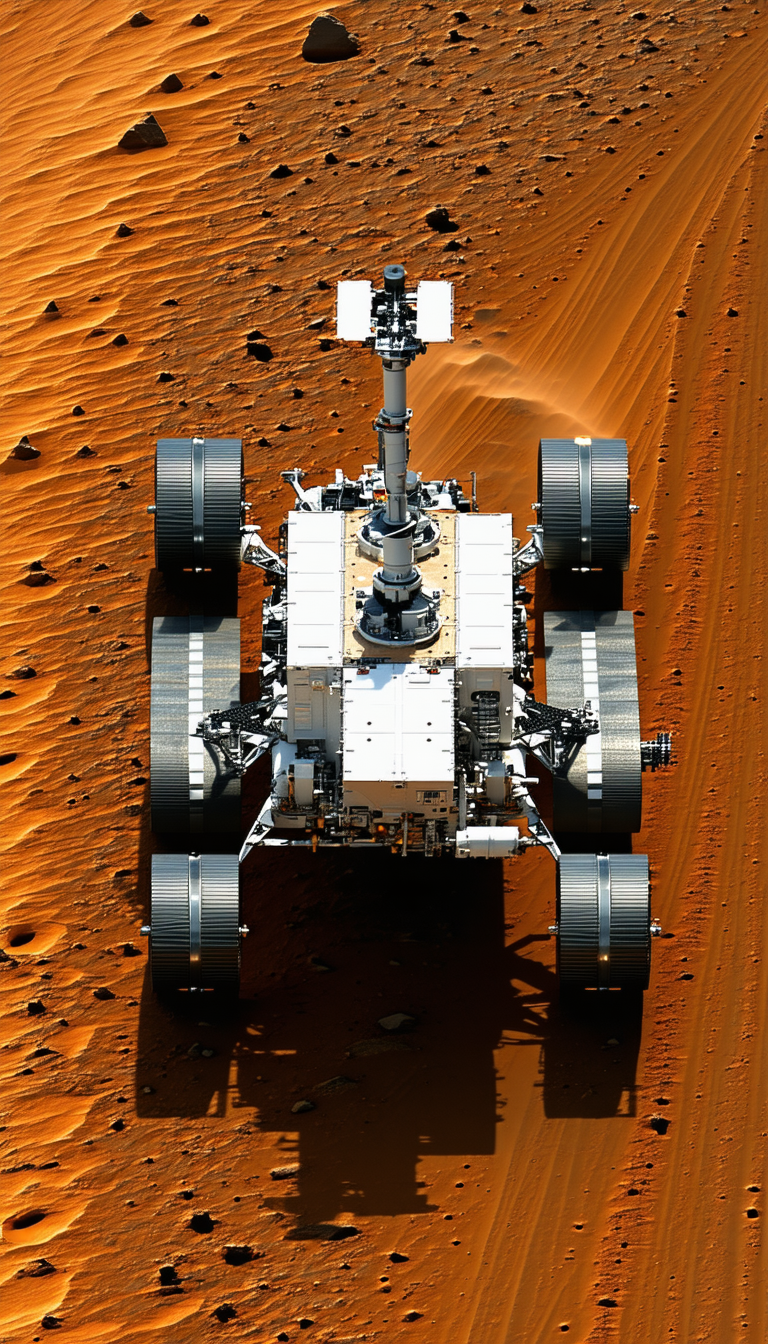 A Large Robotic Vehicle, Possibly A Rover, Driving Across A Sandy Terrain