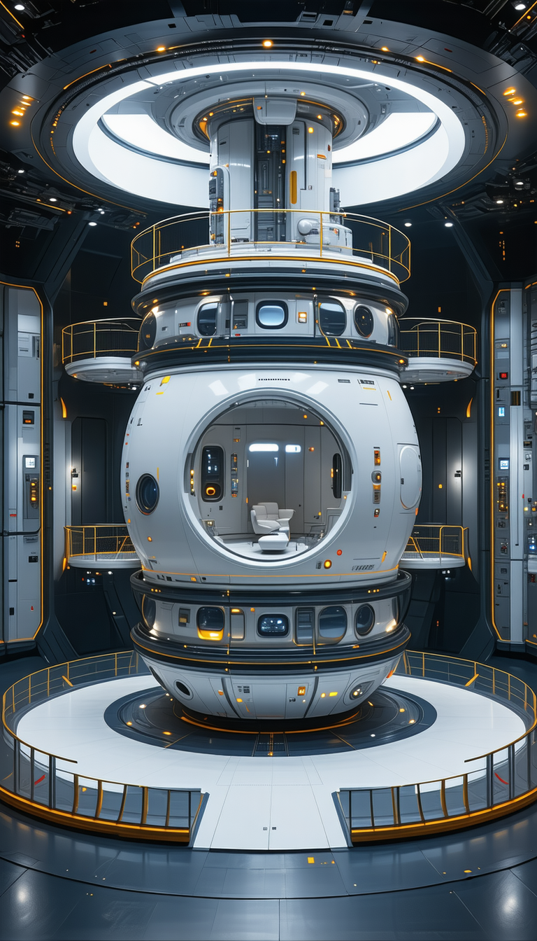 In The Image, There Is A Large White Spacecraft With A Round Shape, Sitting In A Room