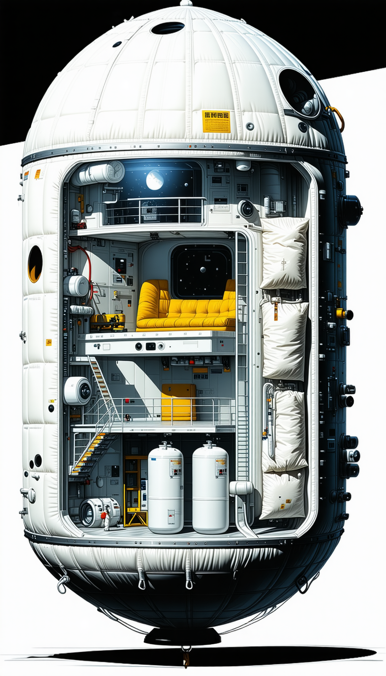 In The Image, There Is A Large White Spacecraft With A Yellow Couch Inside