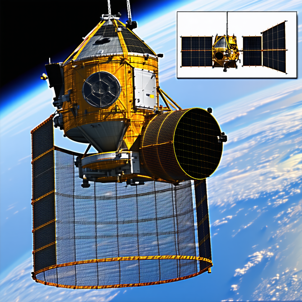 A Spacecraft Is Shown In A Close-up View, With A Large Satellite Dish On The Bottom