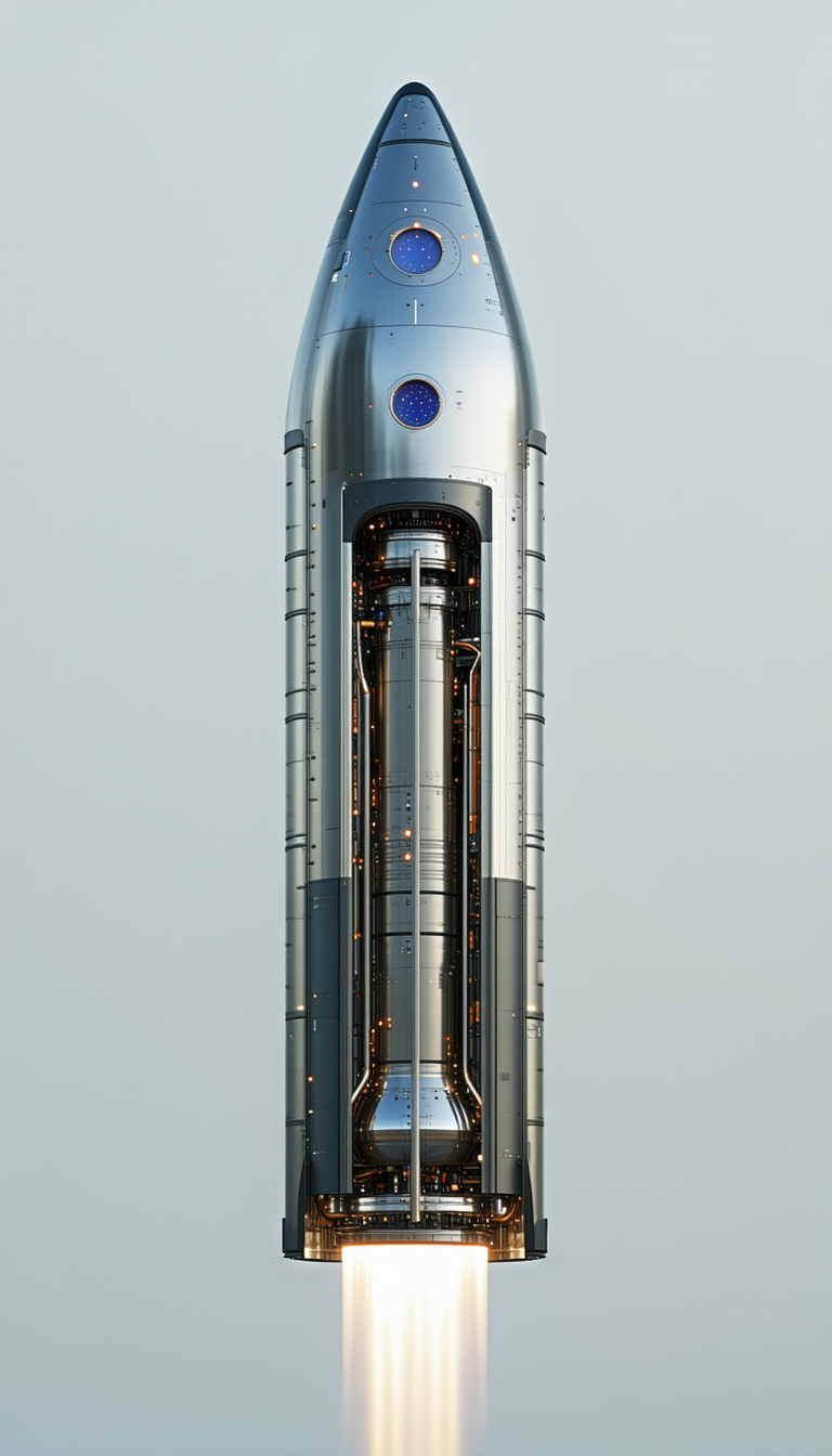 A Large Silver Rocket Ship Is Shown In A Close-up View