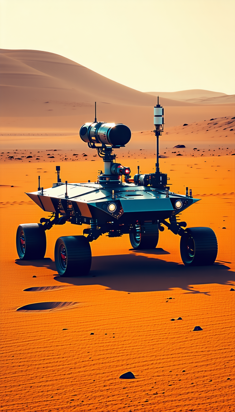 A Large Robotic Vehicle, Possibly A Tank, Sitting In A Desert-like Environment