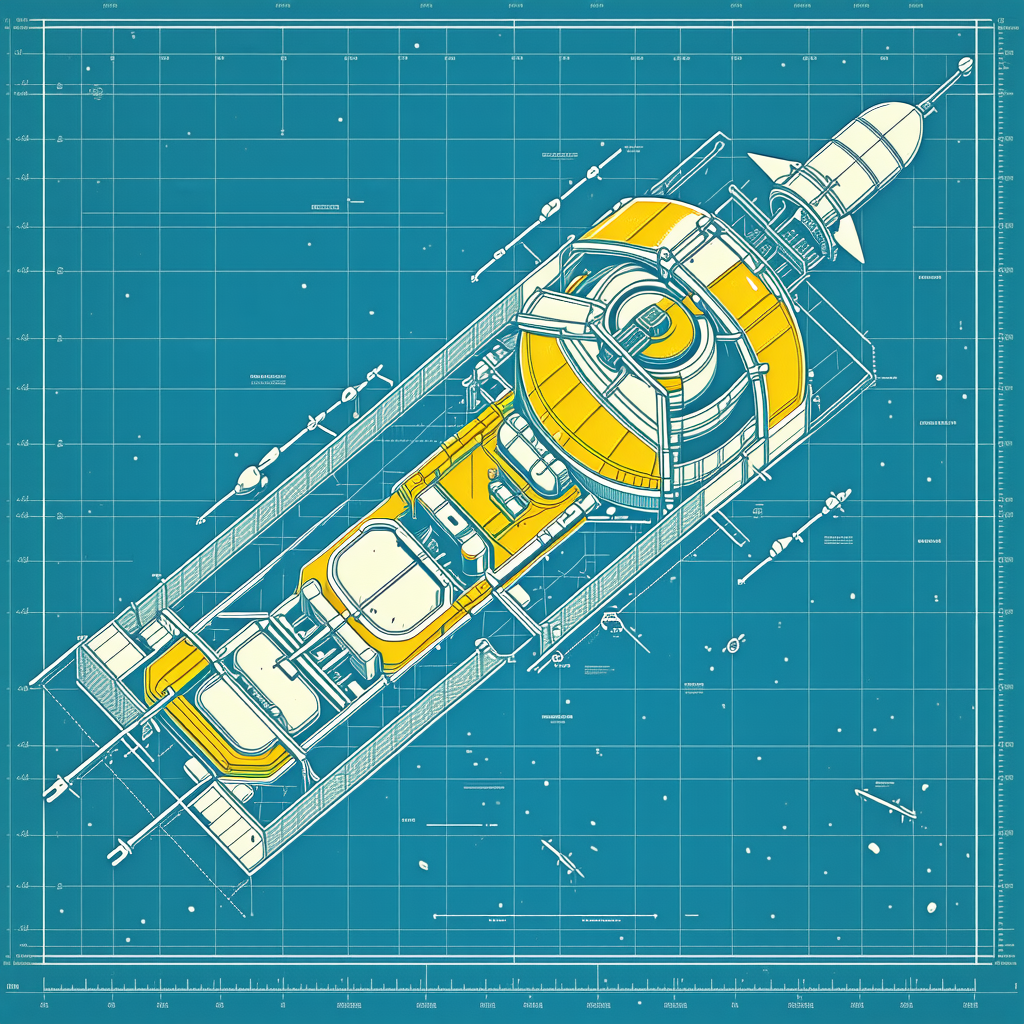 The Image Is A Blue And Yellow Drawing Of A Spacecraft, Possibly A Rocket Or A Space Station