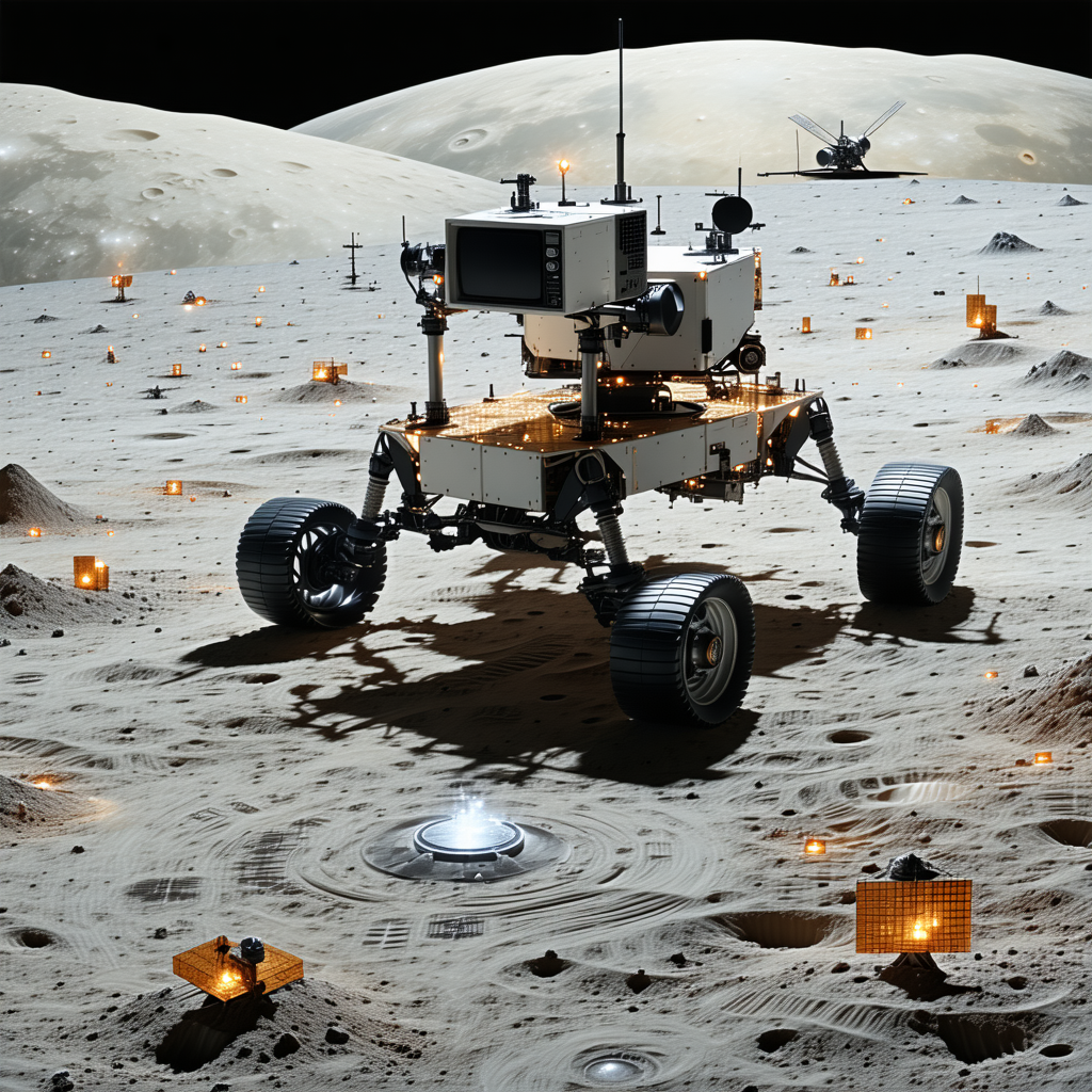 A White Robotic Vehicle On A Rocky Surface, Possibly A Moon Or A Planet