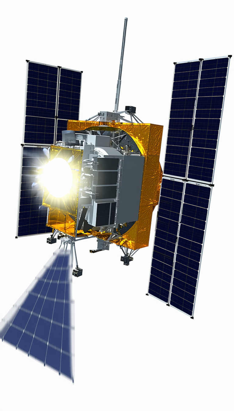 A Spacecraft Is Shown In A Close-up View, With Its Solar Panels And Other Components Clearly Visible