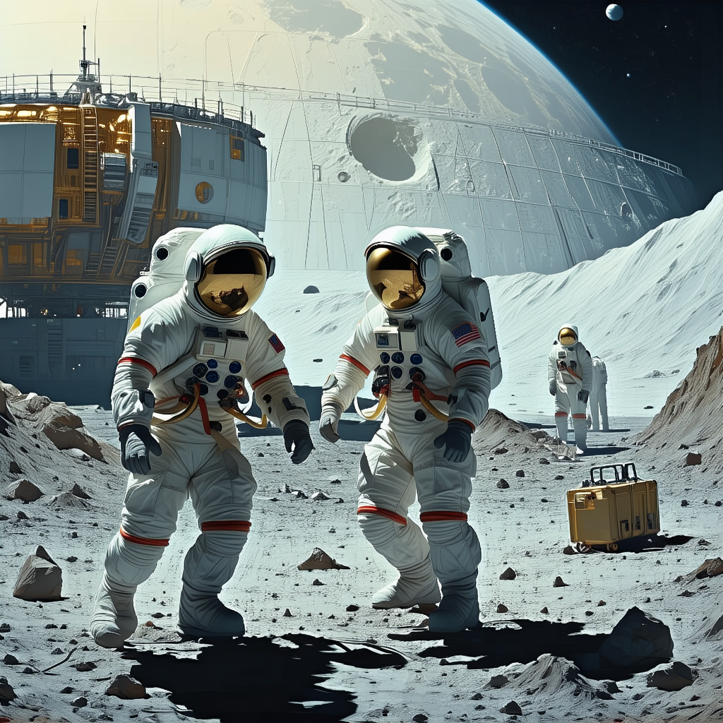 In The Image, There Are Two Astronauts Standing On The Moon, Both Wearing White Suits