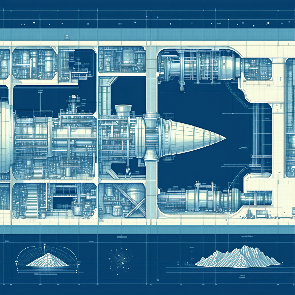A Blue And White Drawing Of A Space Ship Is Shown