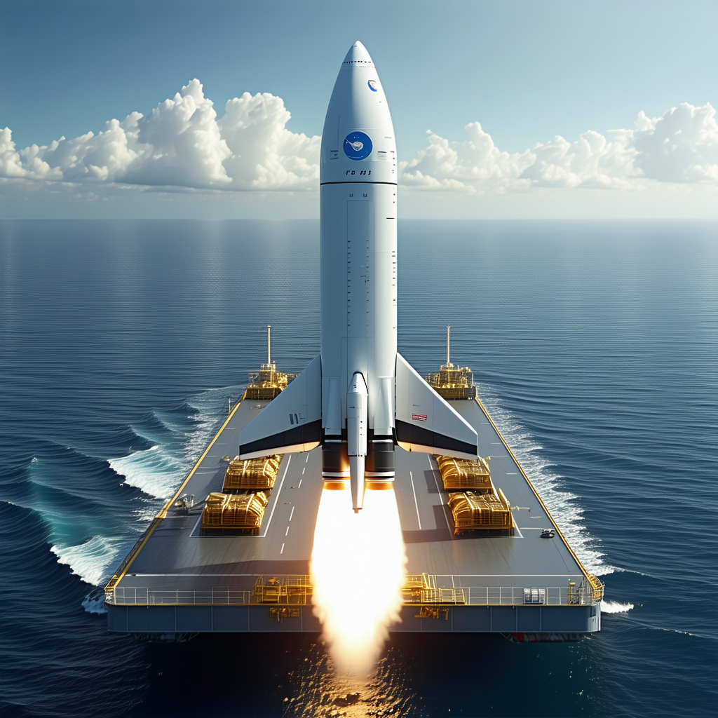 A Large White Rocket Ship On A Boat, With The Rocket Being The Main Focus Of The Scene