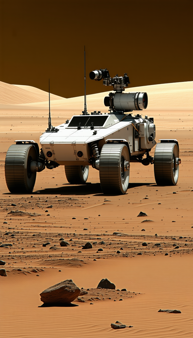 A White Robotic Vehicle Is Driving Across A Sandy Terrain