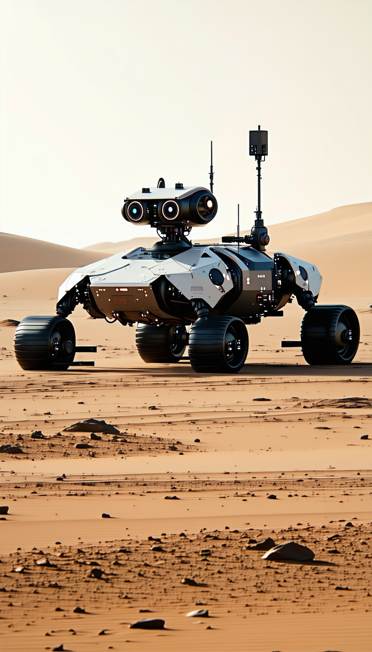 A Robotic Vehicle Is Sitting On A Dirt Field, With A Sandy Terrain Surrounding It