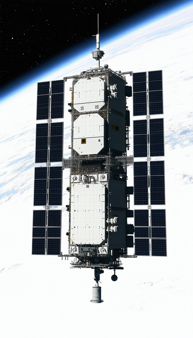 A Large Satellite Is Floating In The Sky, With A Large Number Of Solar Panels On Its Side