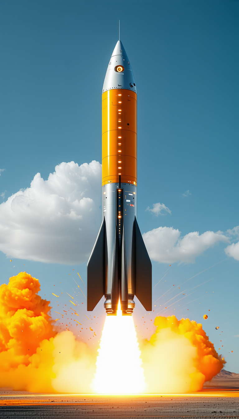 A Rocket Launching Into The Sky, With A Bright Orange Trail Of Smoke Following It