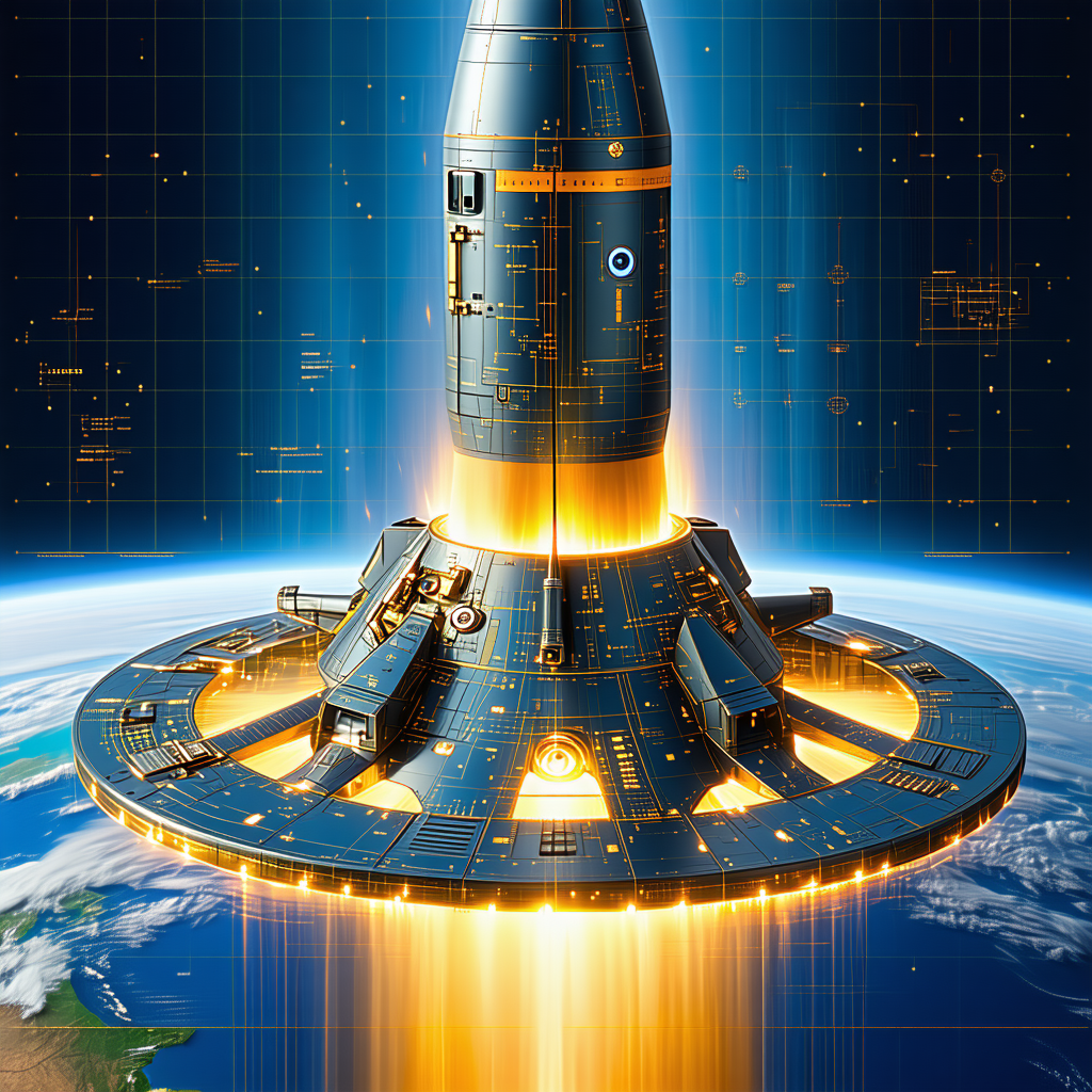 A Rocket Ship Is Shown In A Futuristic Setting, With A Blue And Yellow Color Scheme