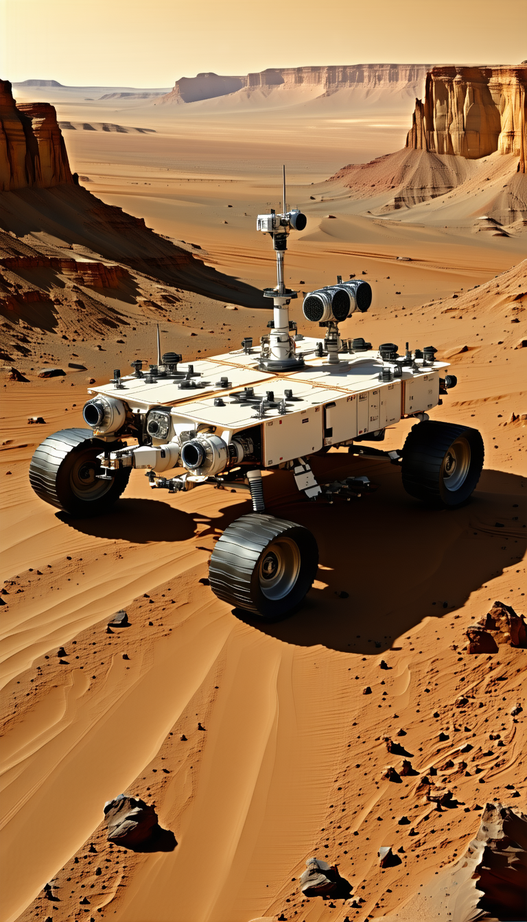 A Large, White, And Silver Robotic Vehicle On A Sandy Surface