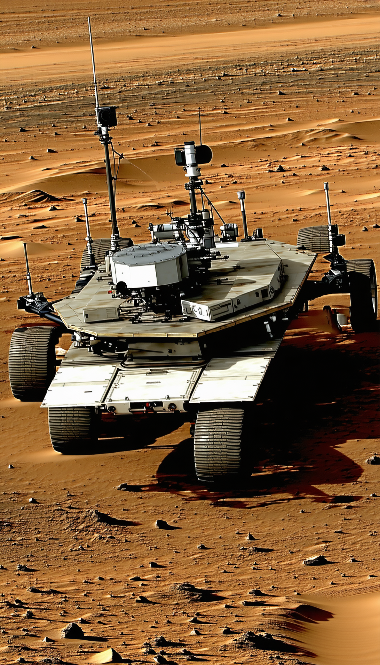 A Large, White, And Silver Robotic Vehicle, Possibly A Rover, Sitting On A Dirt Surface