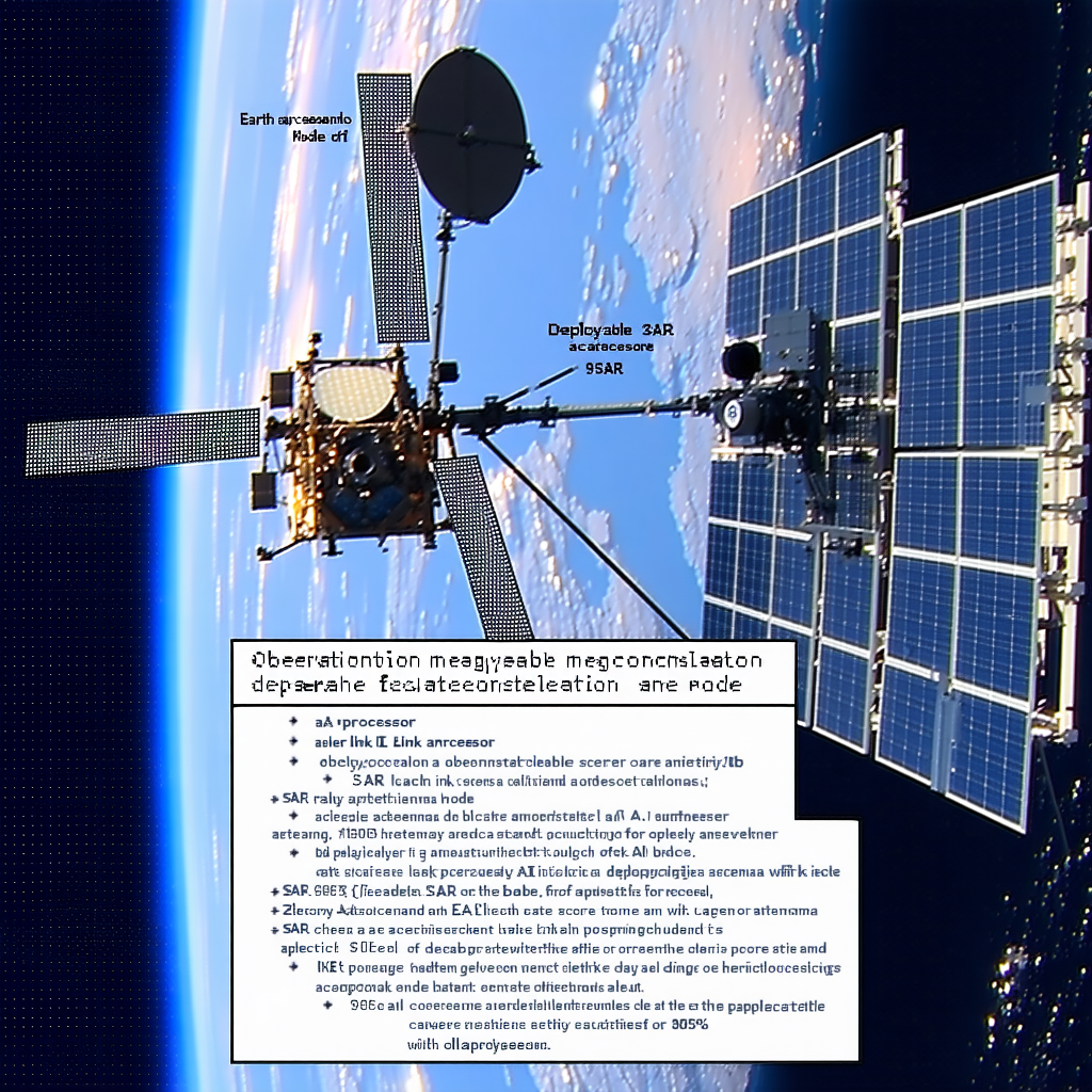 The Image Is A Close-up Of A Spacecraft, Likely A Satellite, With A Large Dish Antenna On Top