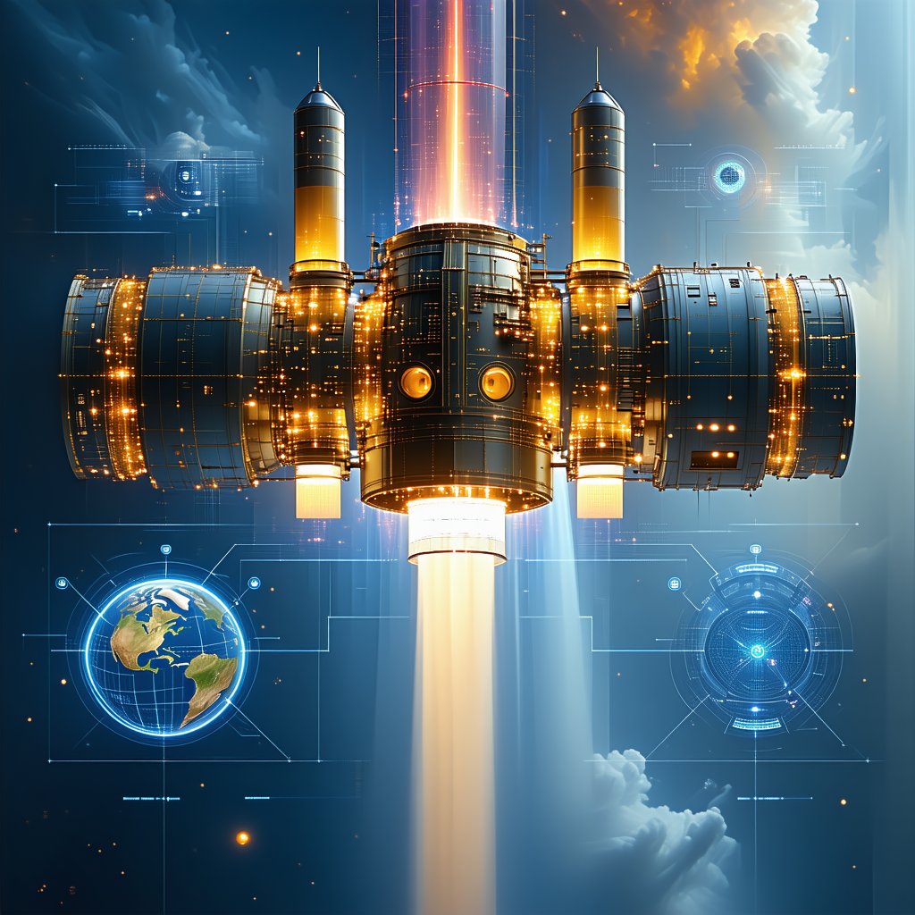 A Space Shuttle Is Shown In A Futuristic Image, With A Blue And Orange Color Scheme