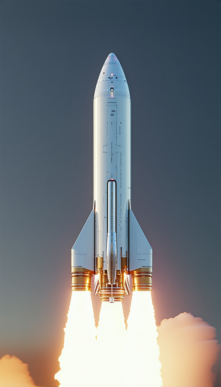 A Rocket Launching Into The Sky, With Its Engine Lit Up