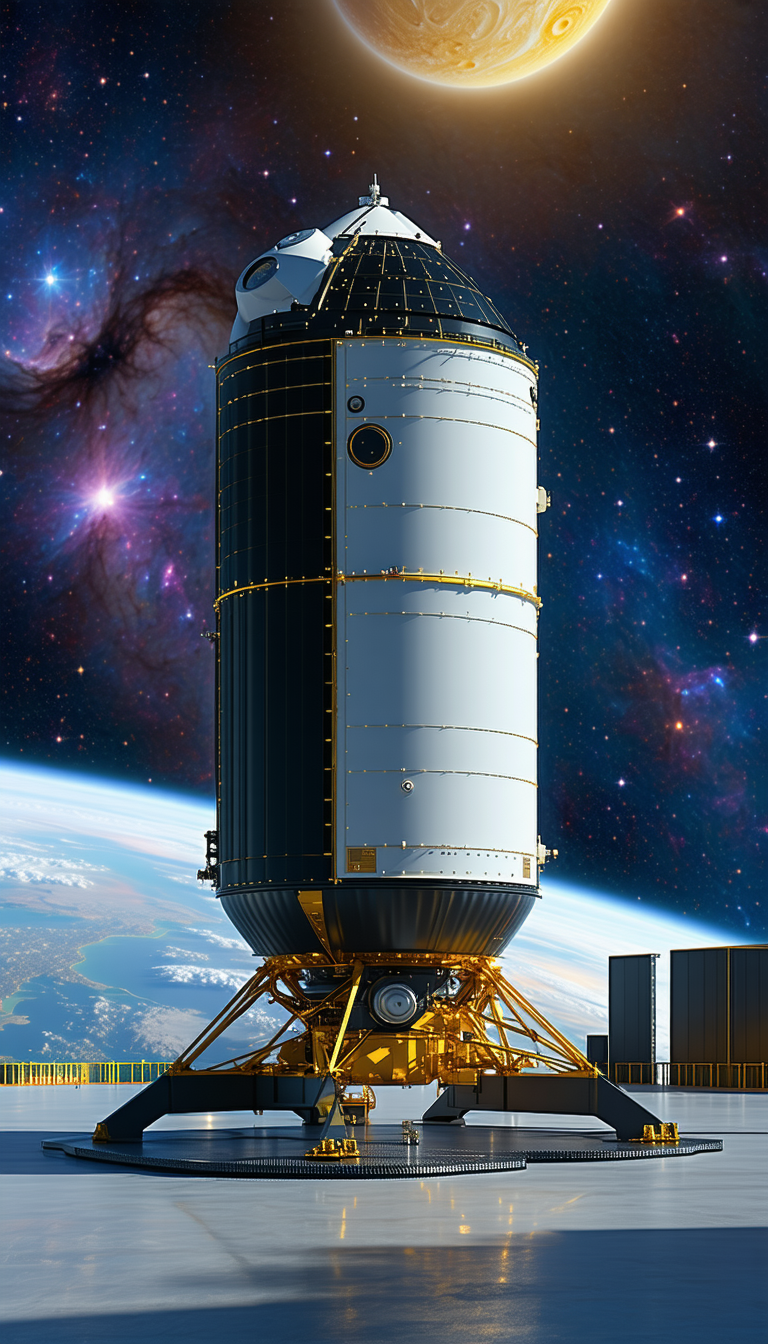 A Large Spacecraft, Possibly A Space Shuttle, Sitting On Top Of A Yellow Platform