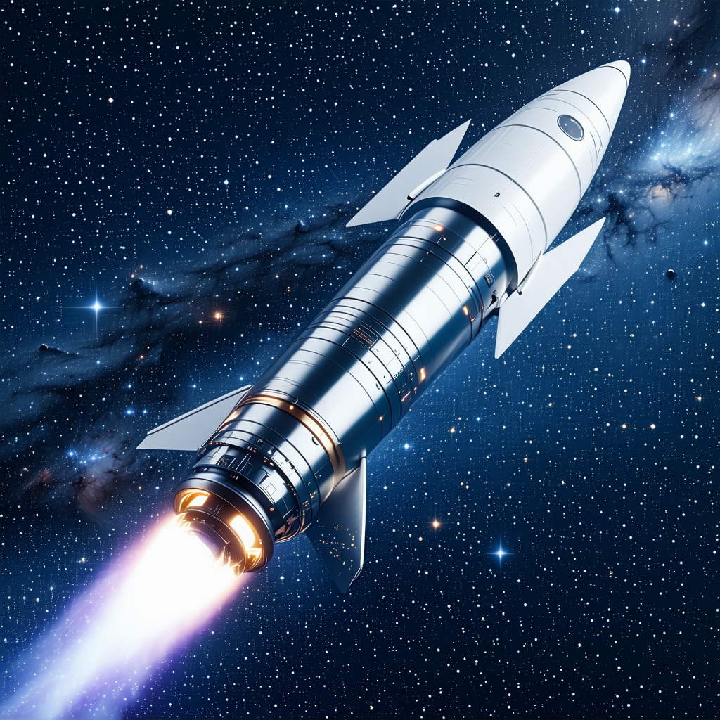 A Rocket Ship Flying Through The Night Sky