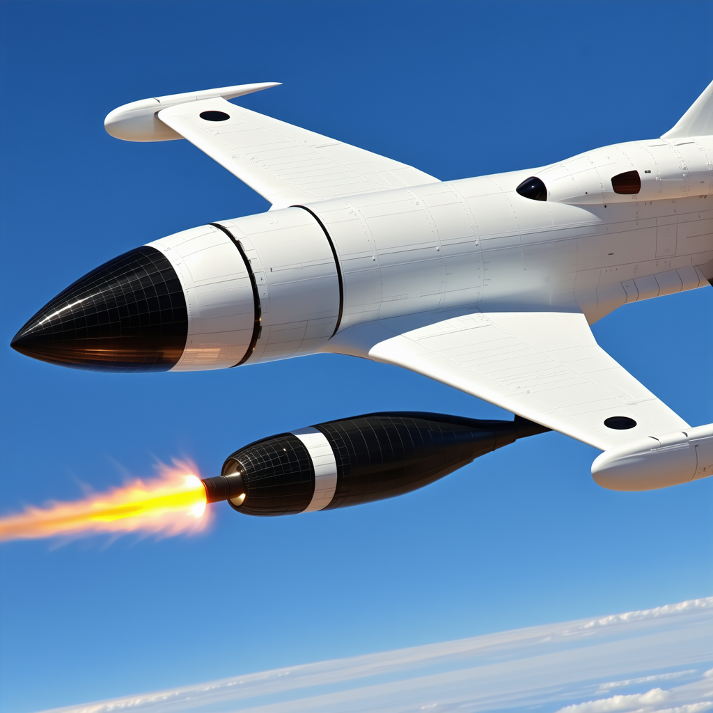 A White Jet Is Flying Through The Sky, With A Missile Attached To Its Side