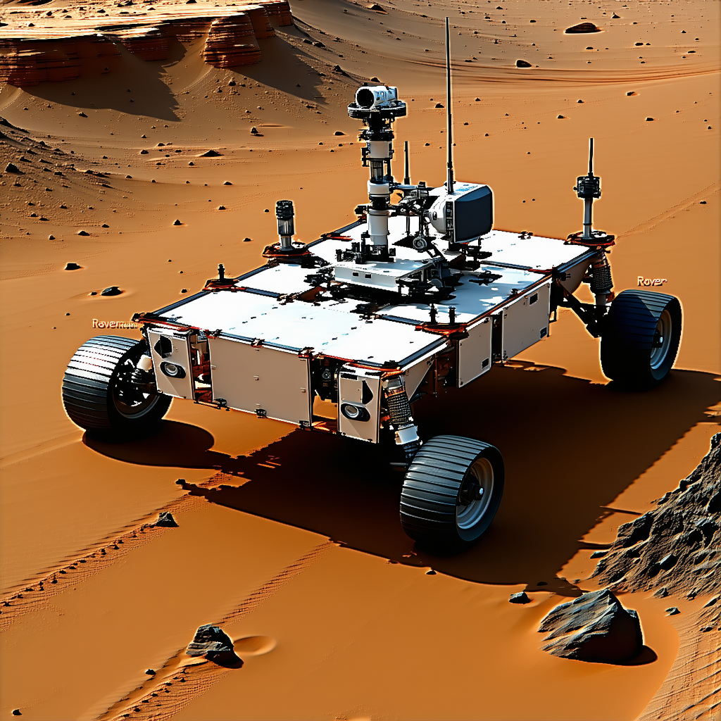 A Large, White Robotic Vehicle With A Camera On Top, Driving Across A Red Dirt Surface