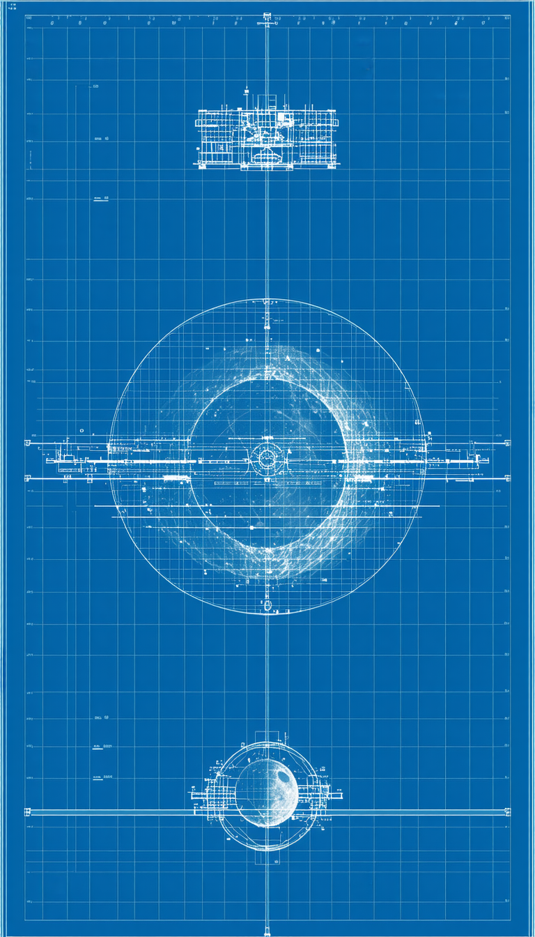 The Image Is A Blueprint Of A Large Circular Structure, Possibly A Spacecraft Or A Satellite