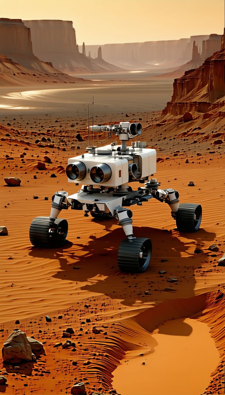 A White Robotic Vehicle, Possibly A Rover, Sitting On A Rocky Surface In A Desert-like Environment