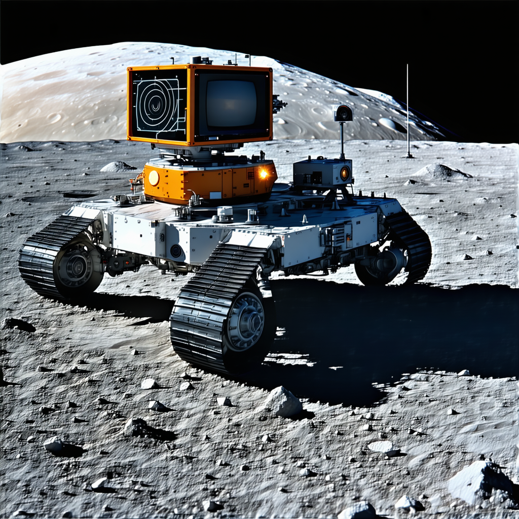 A Robotic Vehicle Is Parked On The Moon, With A Large Camera Mounted On Its Front
