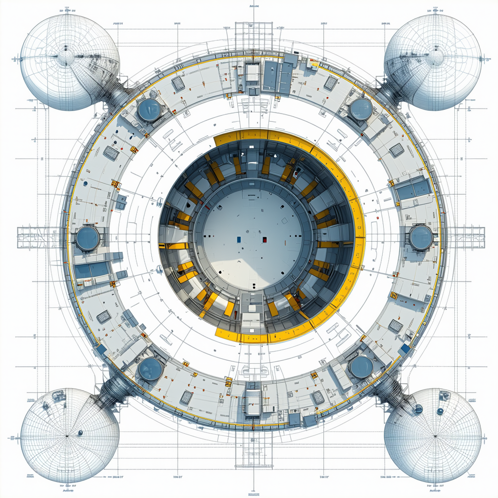 A Blue And Yellow Drawing Of A Space Station Is Shown