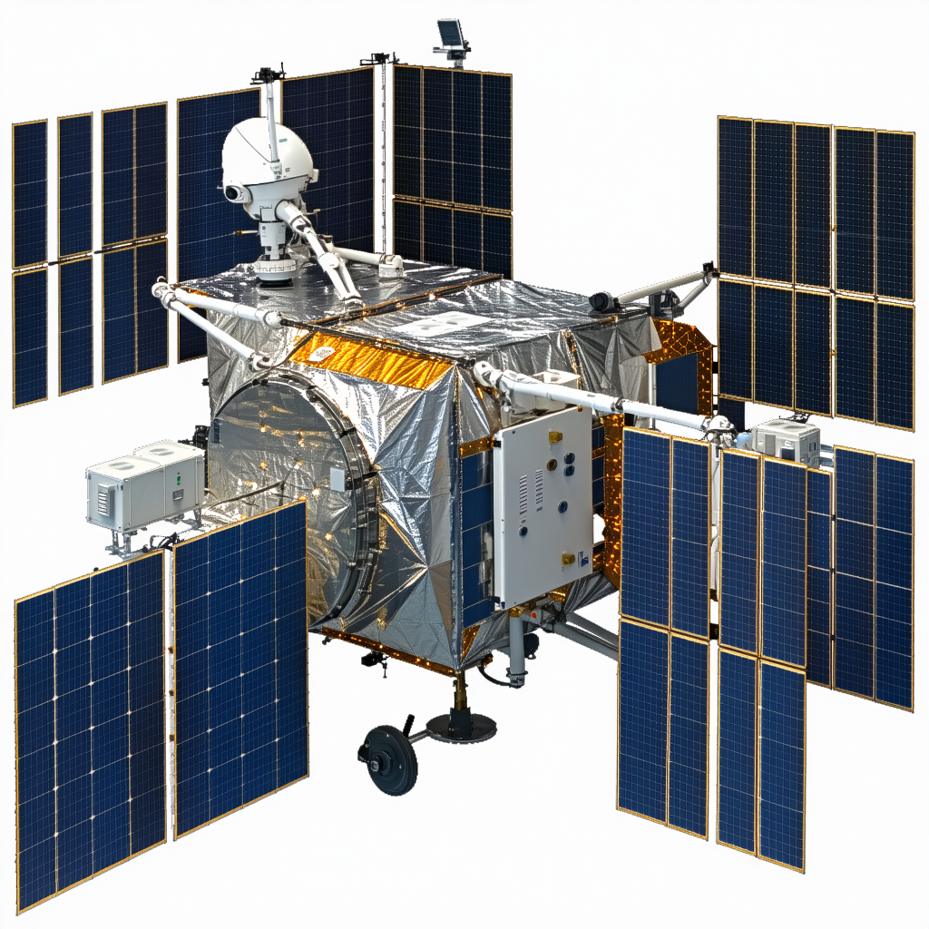 A Spacecraft With A Large Satellite Dish On Its Side