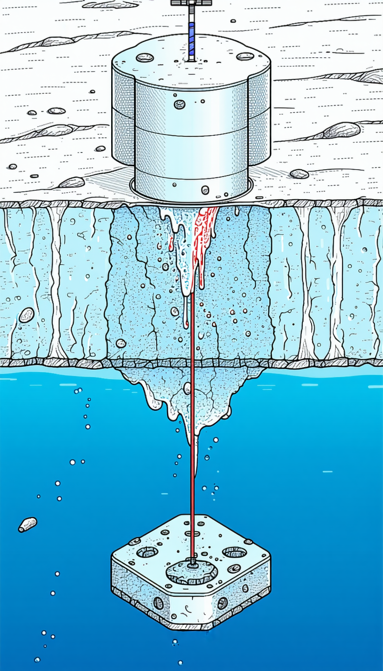 The Image Is A Cartoon Drawing Of A Hole In The Ice, With A Red Substance Pouring Out Of It