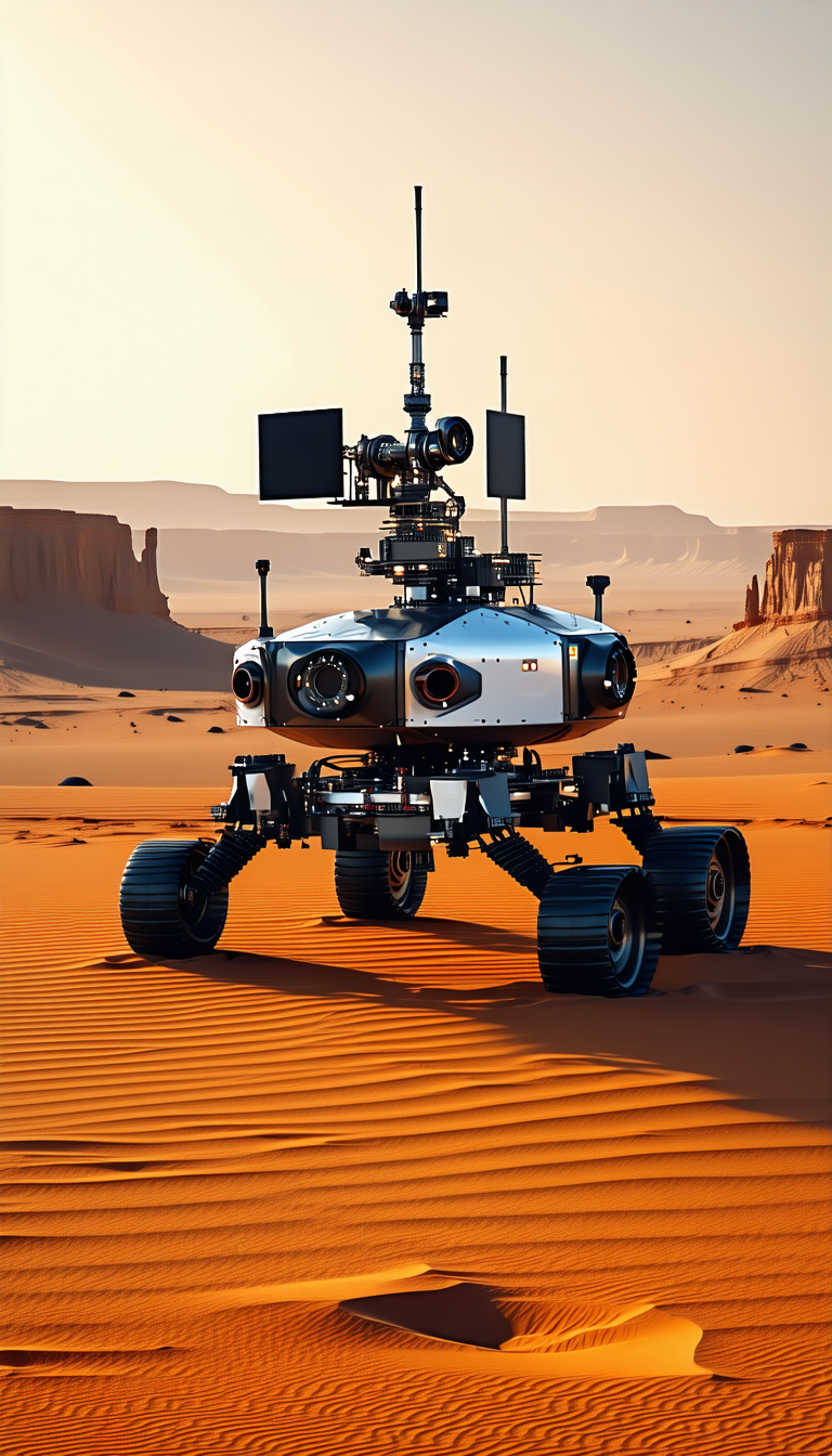A Large Robotic Vehicle Is Sitting In A Desert Landscape