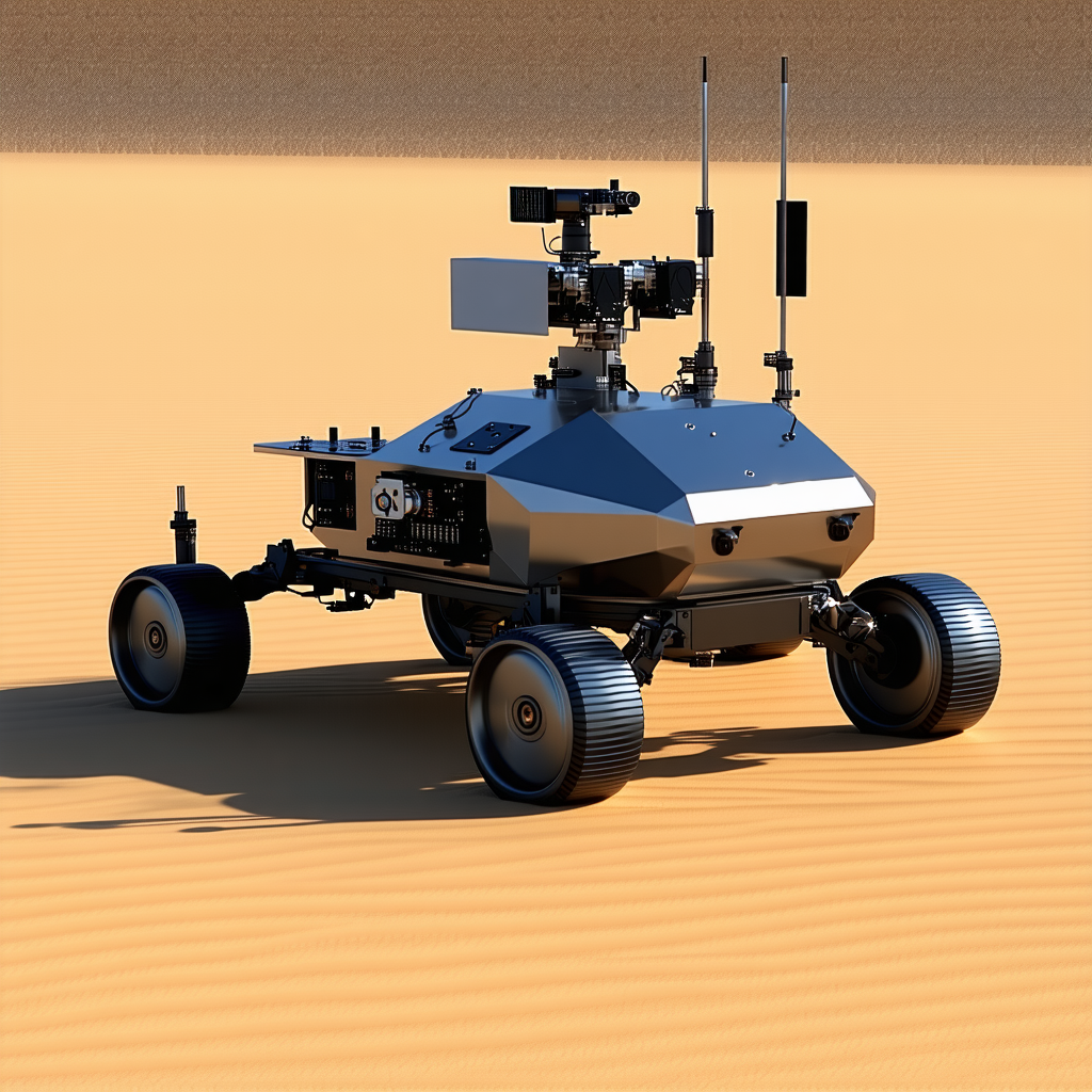 A Large Robotic Vehicle, Possibly A Tank, Sitting In A Desert-like Environment