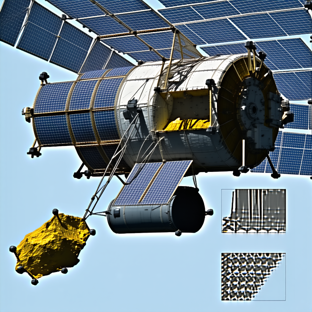 A Space Shuttle Is Shown In A Close-up View, With A Large Rock Hanging From Its Side