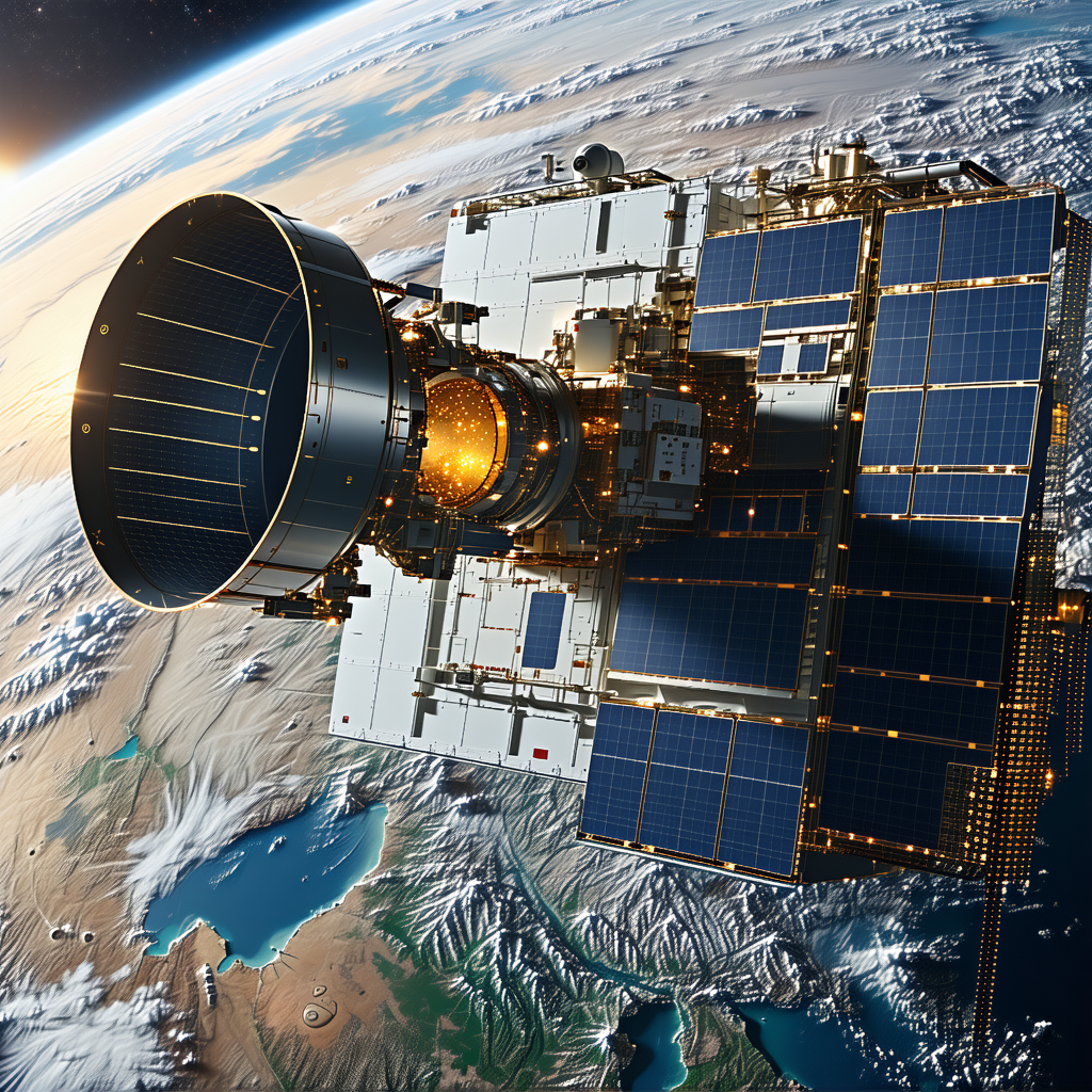 A Spacecraft With A Large Dish On Top, Flying Through The Sky