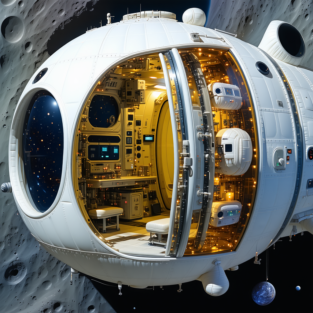 A Large White Spacecraft Is Shown In A Close-up View