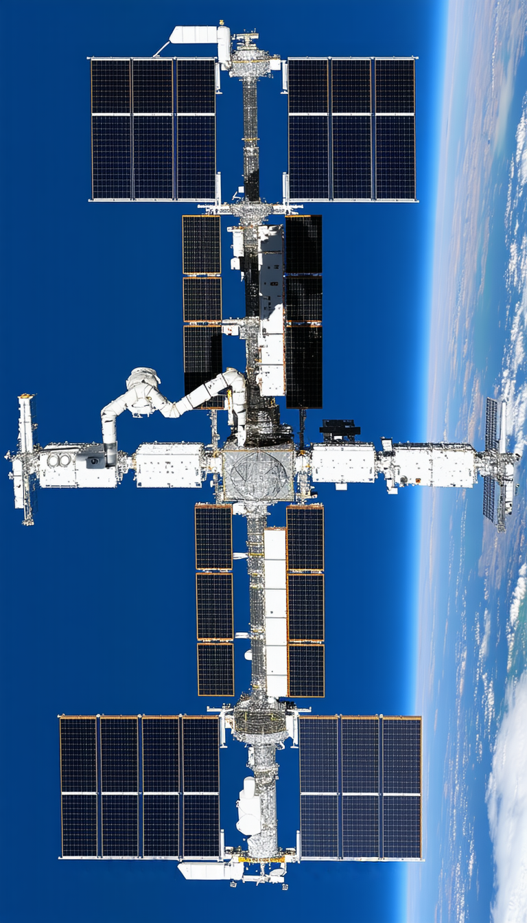 A Large Space Station With A White And Blue Color Scheme