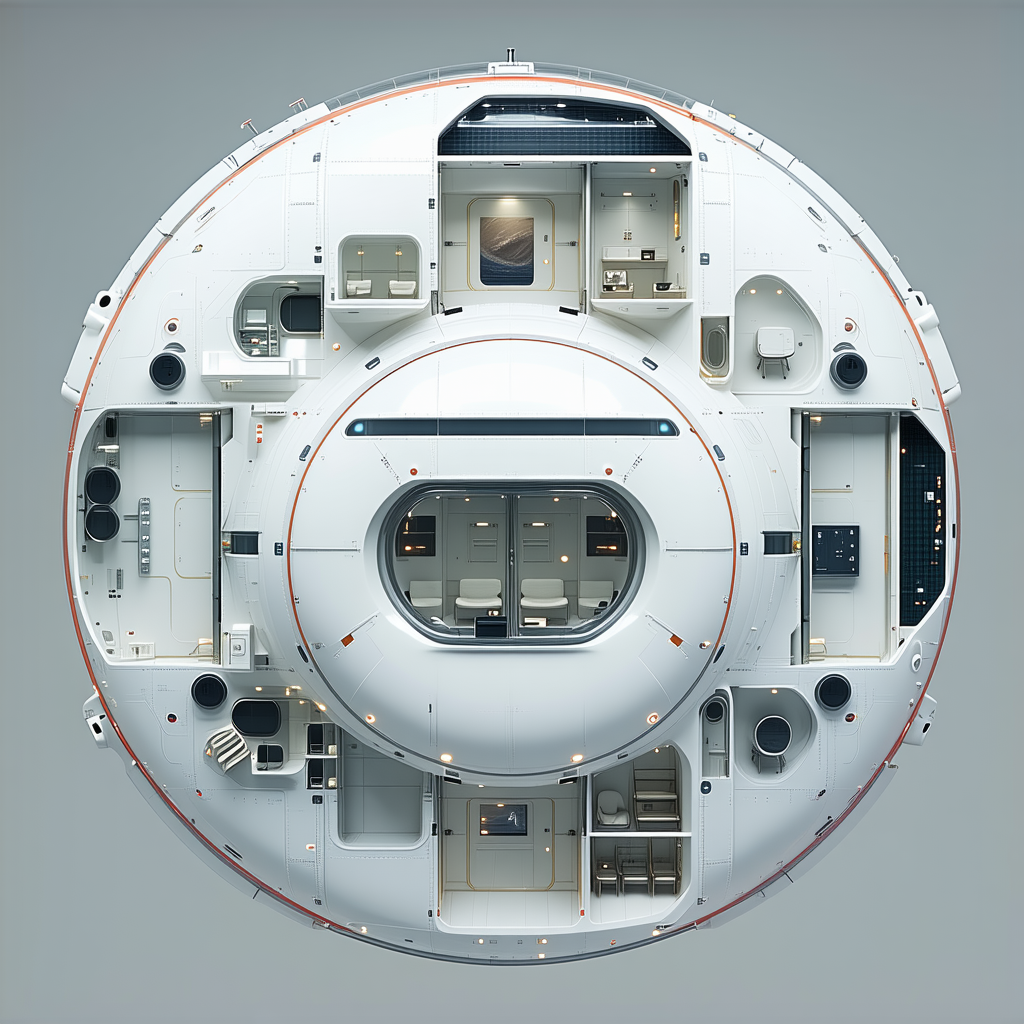 The Image Is A 3d Model Of A Space Station, Showcasing Its Interior And Exterior