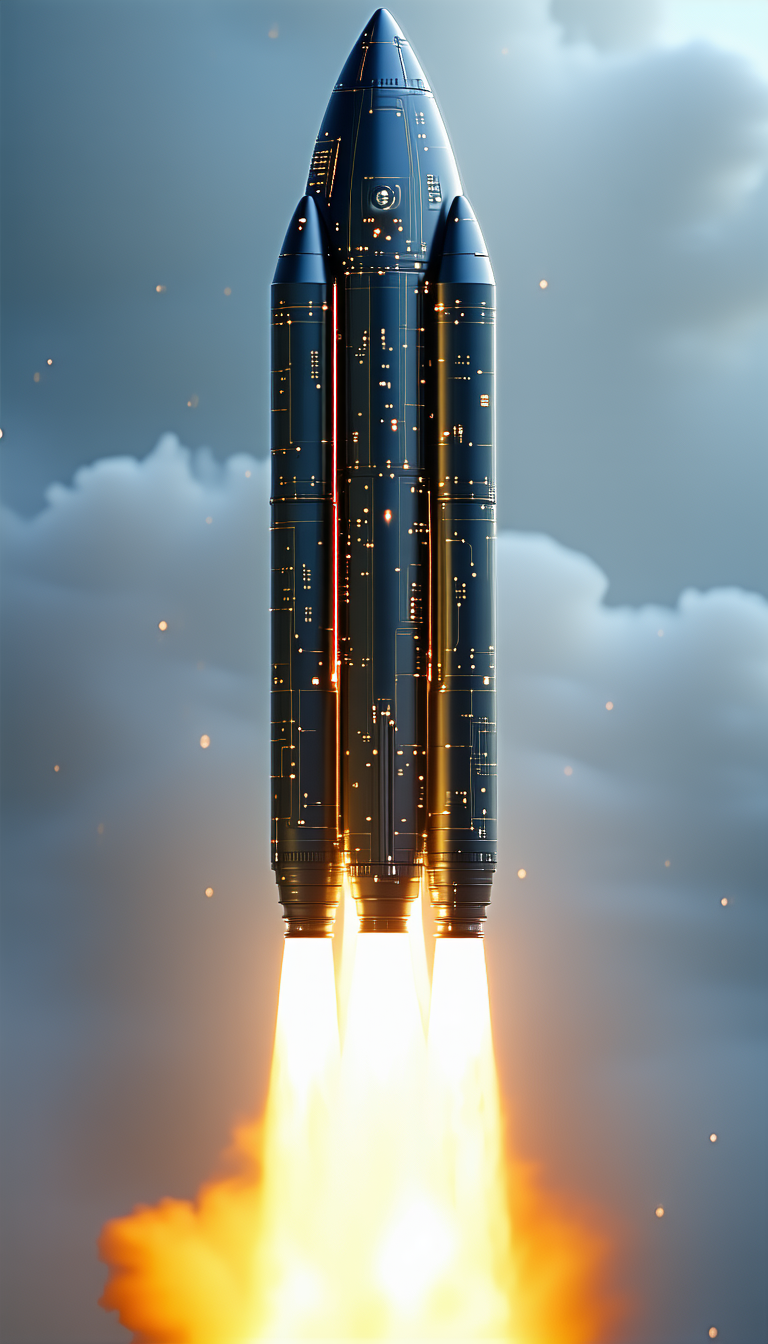 A Rocket Launching Into The Sky, With Its Booster Rockets Igniting As It Ascends