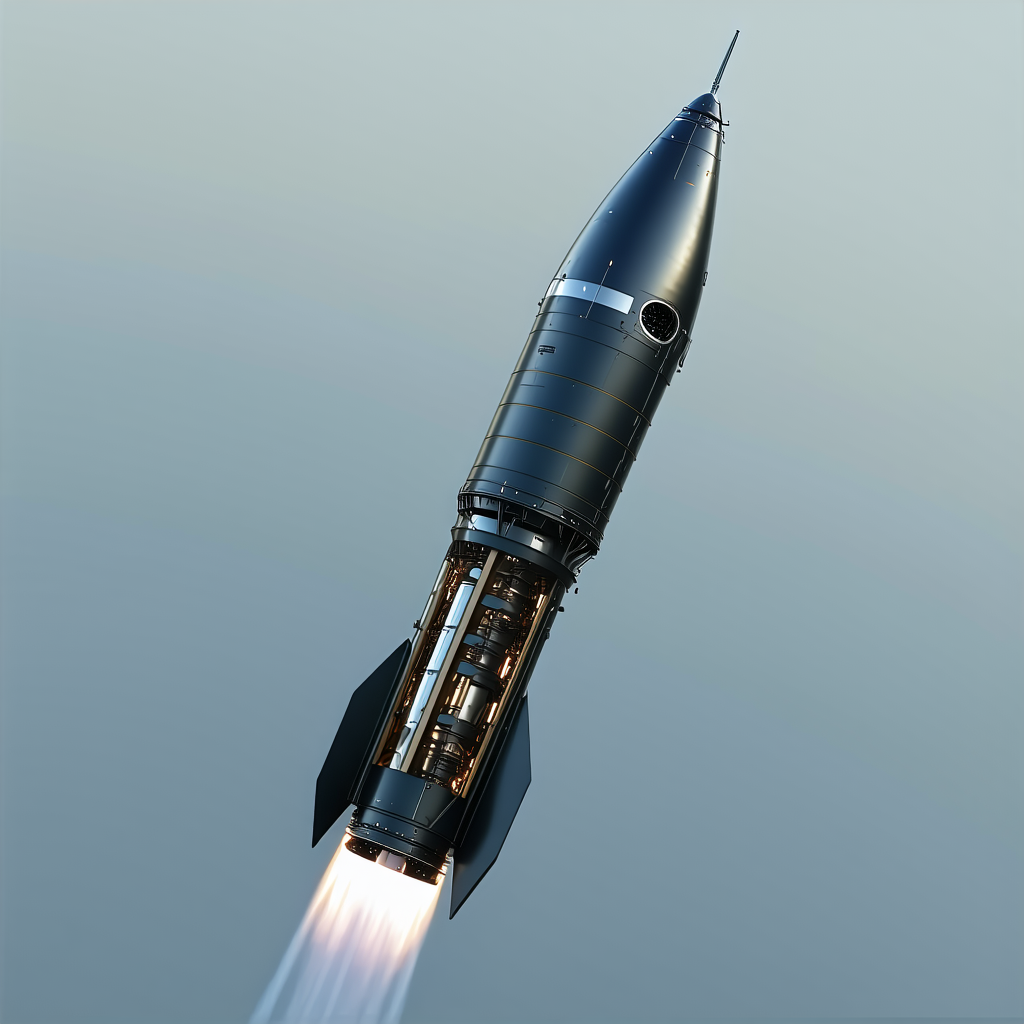 A Rocket Is Shown In Flight, With Its Engine On And Smoke Trailing Behind It