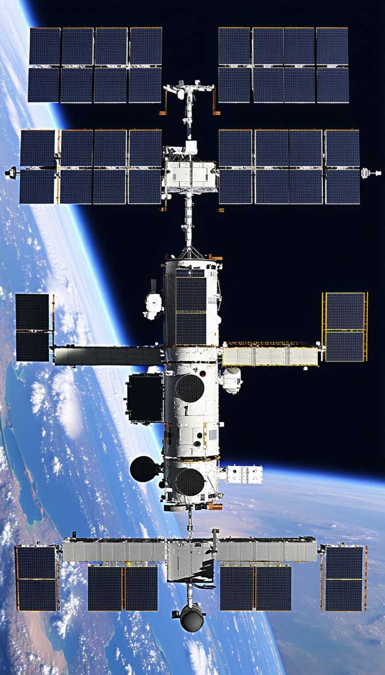 A Large Spacecraft Is Docked With A Space Station, With A Large Satellite Visible In The Background